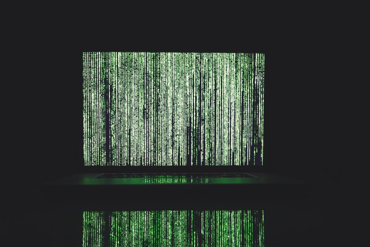 services-bg Abstract depiction of green matrix code on a computer monitor.