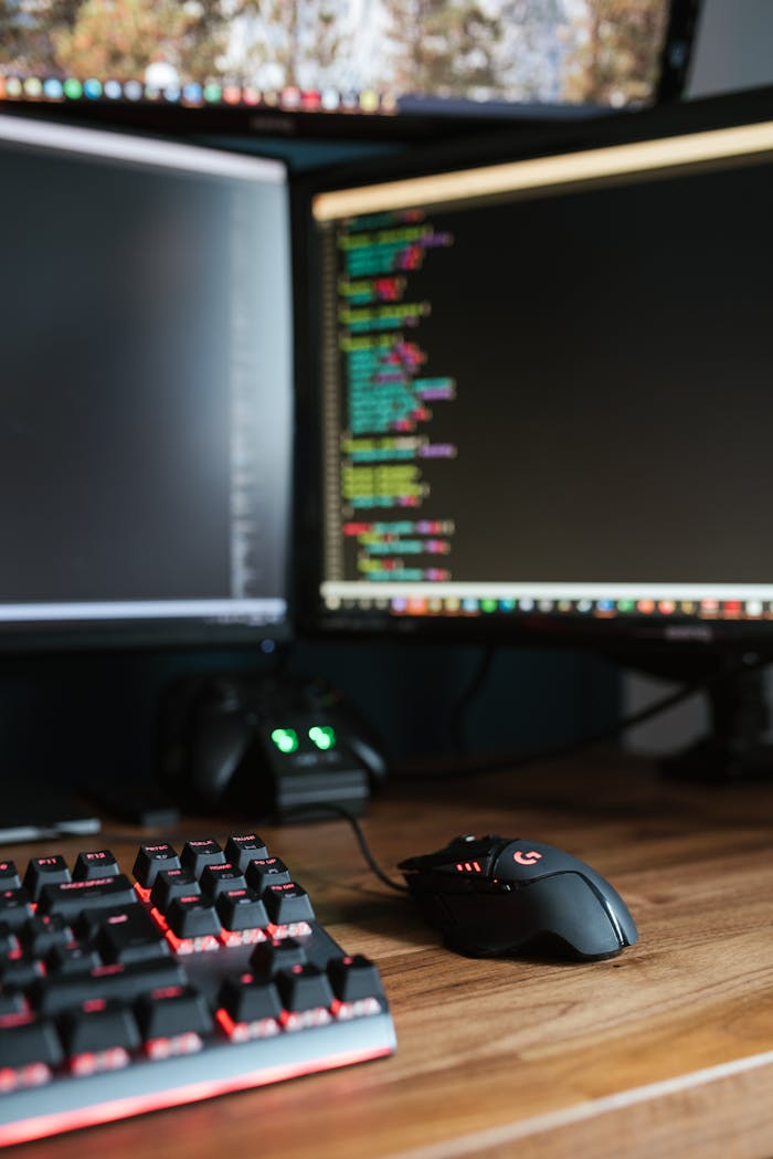 services-04 A modern workspace featuring dual monitors displaying code with a gaming mouse and keyboard on a wooden desk.
