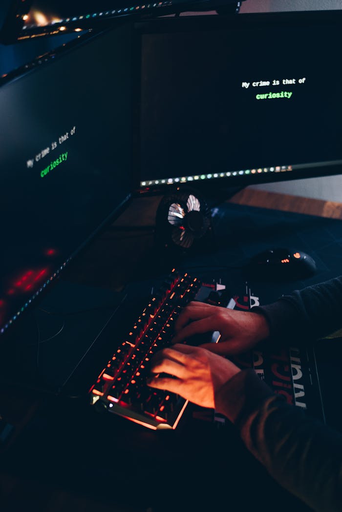 get-in-touch High angle of crop anonymous hacker stealing information from desktop computers with data on screens in twilight